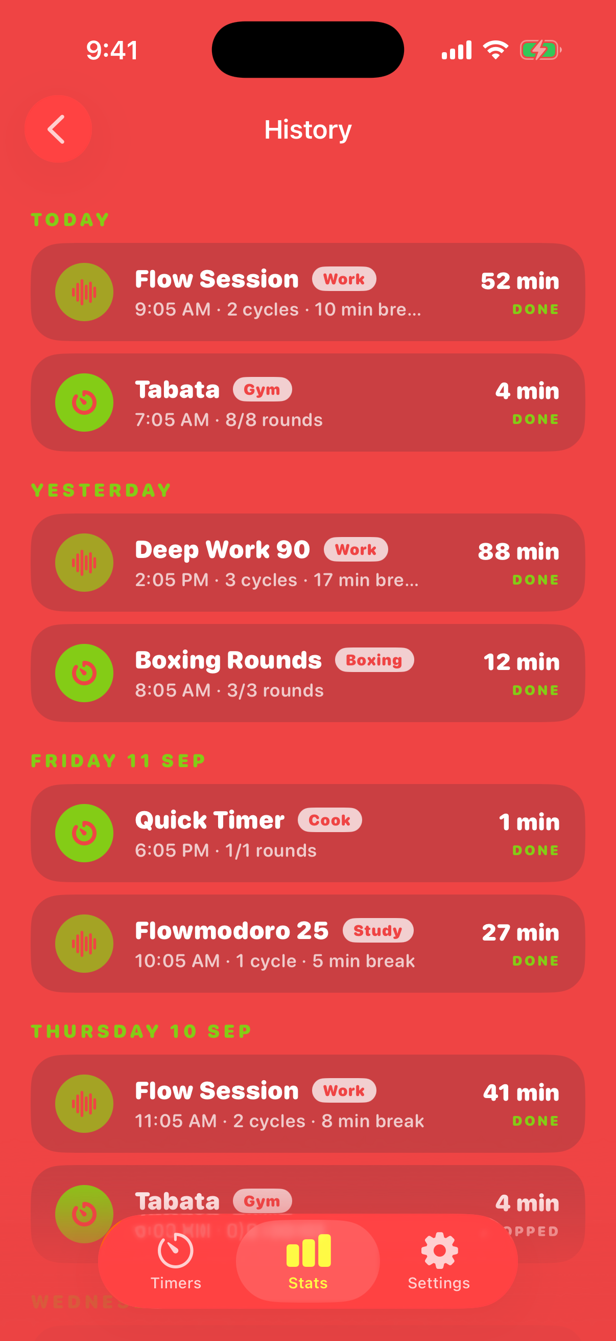 The Pulse stats tab showing a streak and a list of past sessions